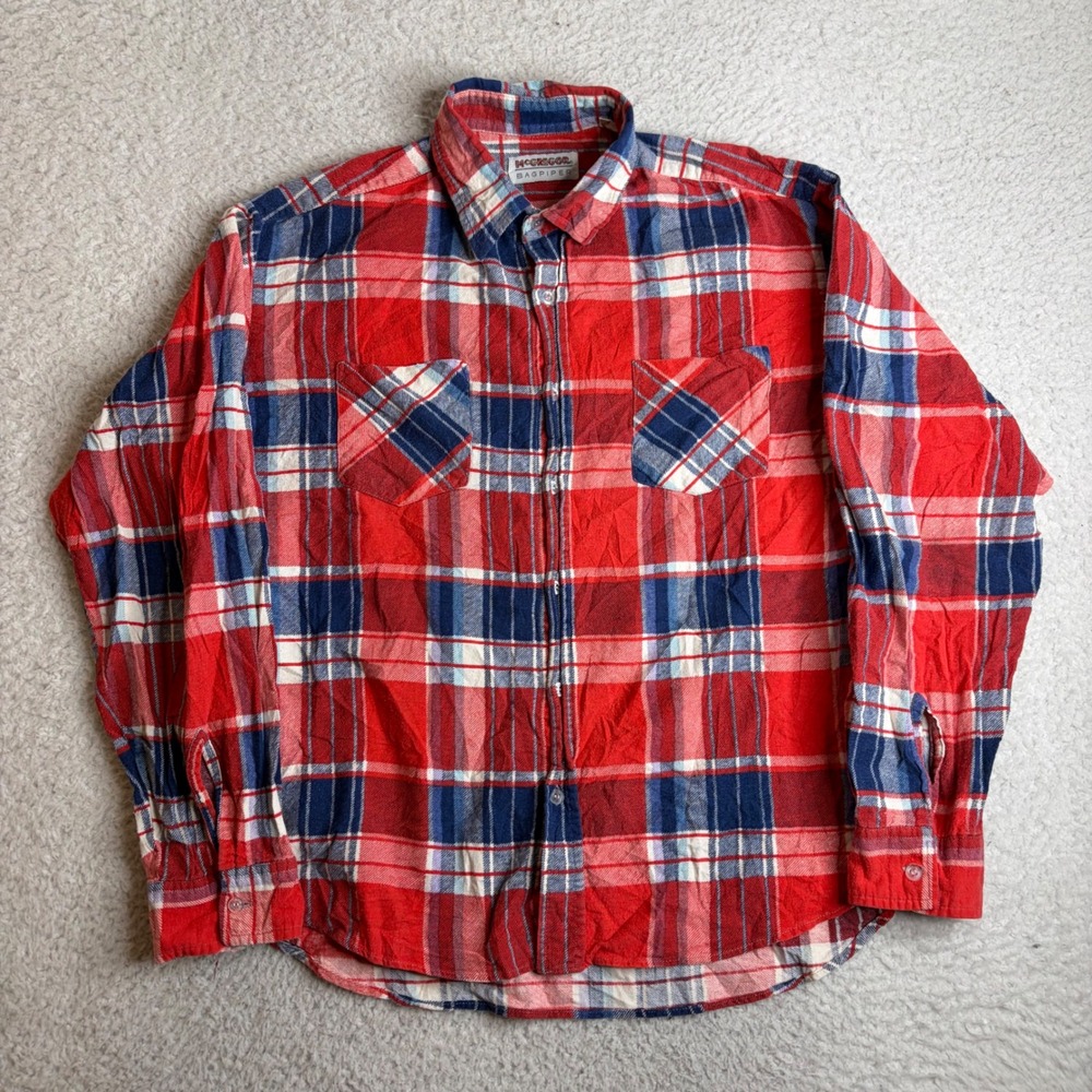 McGregor Bagpiper Mens XL Red Blue Plaid Flannel Button Down Shirt Cotton